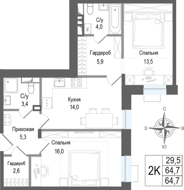 2 ккв 64,7 м²