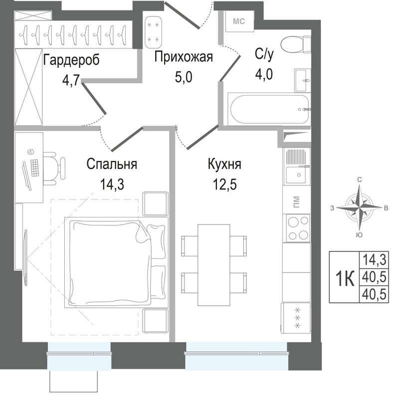1 ккв 40,5 м²