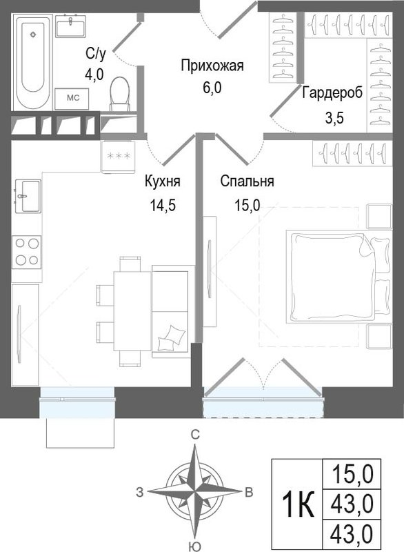 1 ккв 43 м²