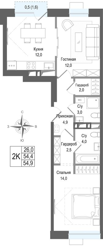 2 ккв 54,4 м²