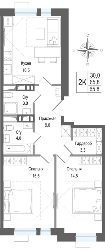 3 ккв (Евро) 65,8 м²