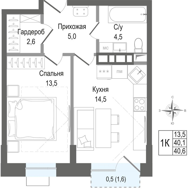 1 ккв 40,1 м²