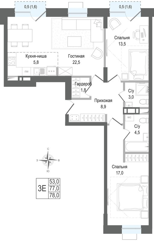 3 ккв (Евро) 77 м²