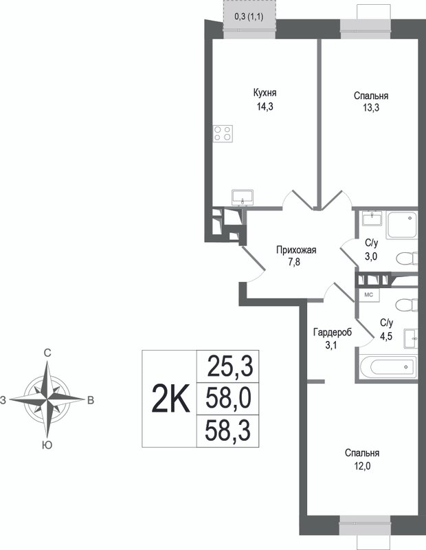 2 ккв 58 м²