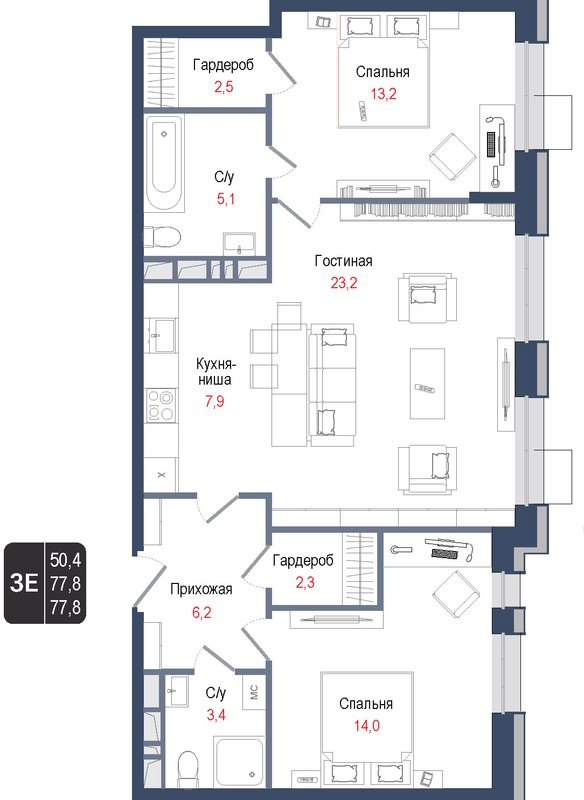 3 ккв (Евро) 77,8 м²