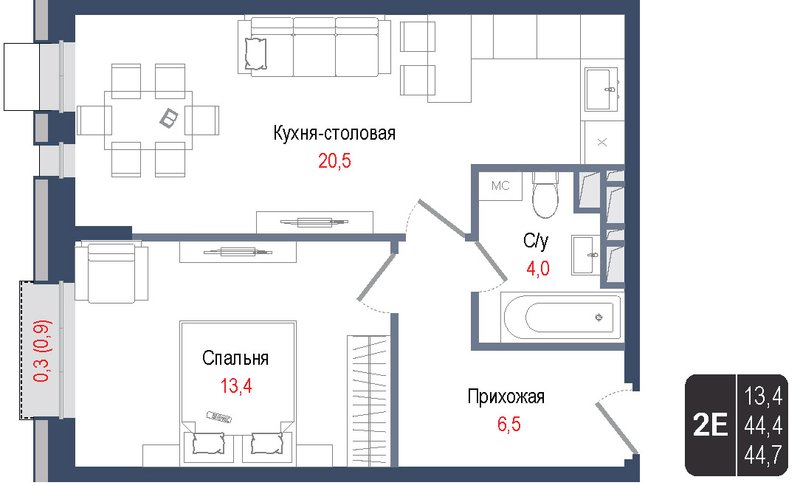 2 ккв (Евро) 44,4 м²