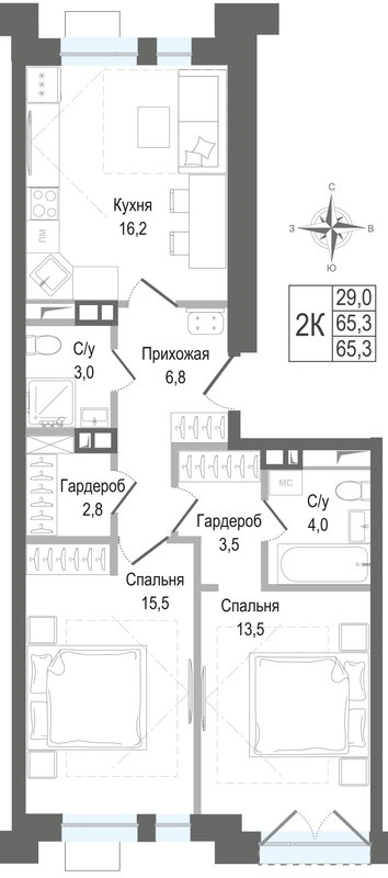 3 ккв (Евро) 65,3 м²