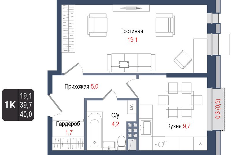 1 ккв 39,7 м²