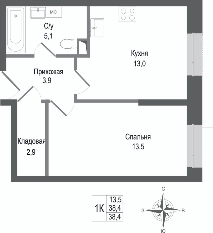 1 ккв 38,4 м²