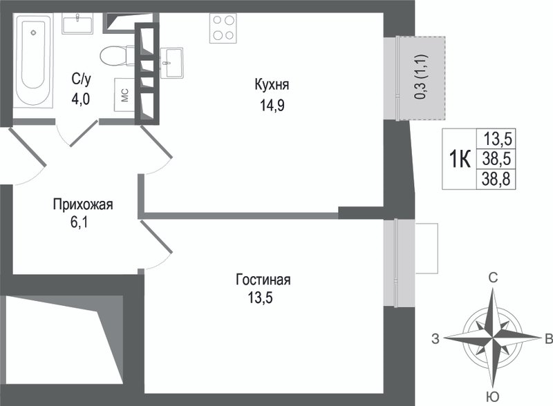1 ккв 38,5 м²