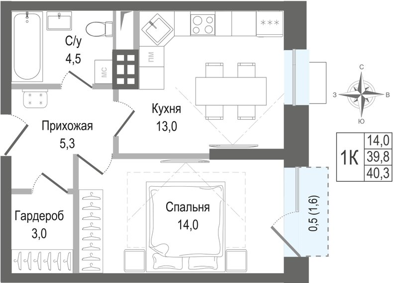 1 ккв 39,8 м²