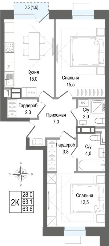 3 ккв (Евро) 63,1 м²