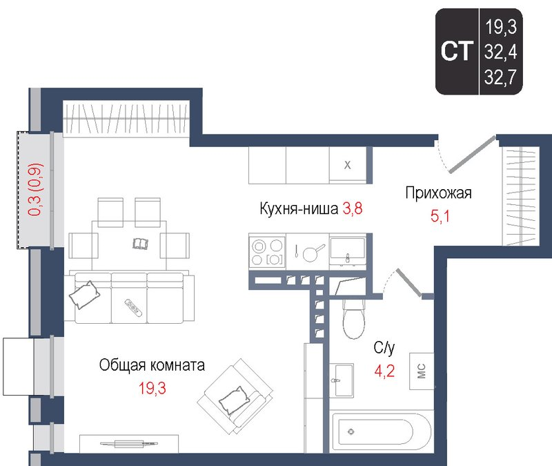 Студия 32,4 м²