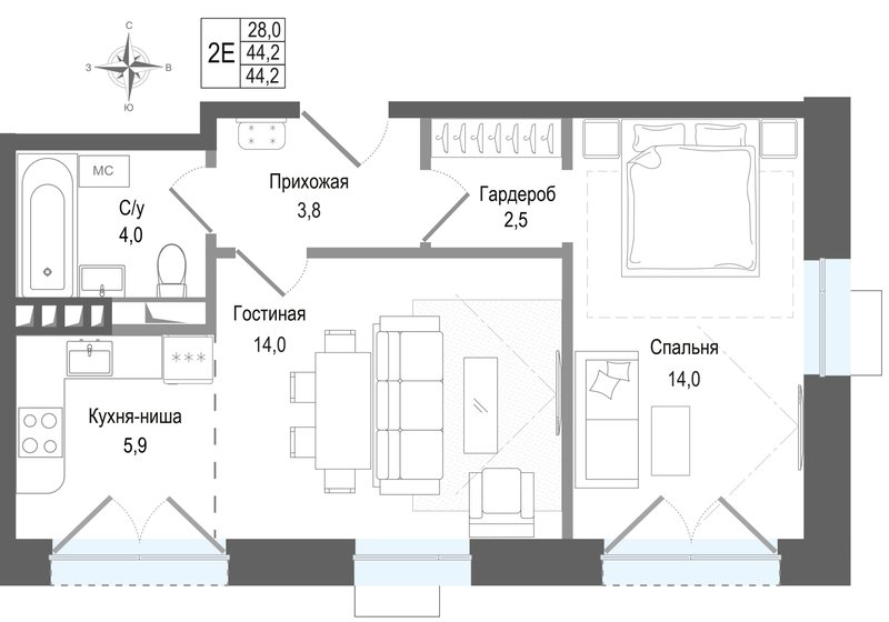 2 ккв (Евро) 44,2 м²