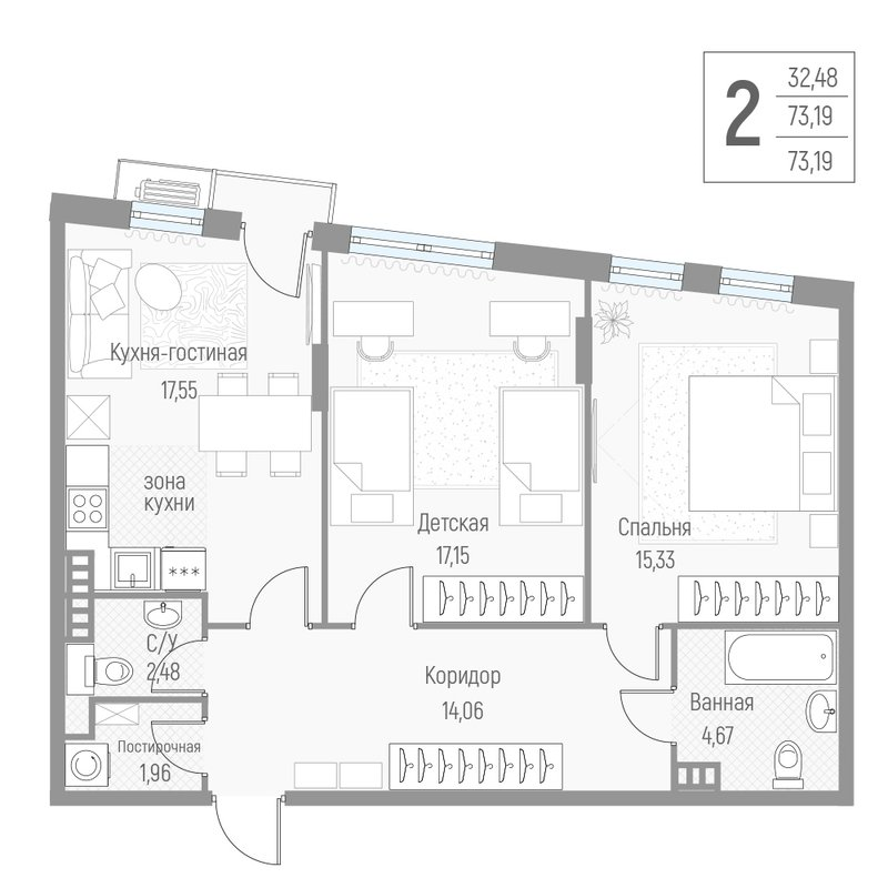 3 ккв (Евро) 73 м²