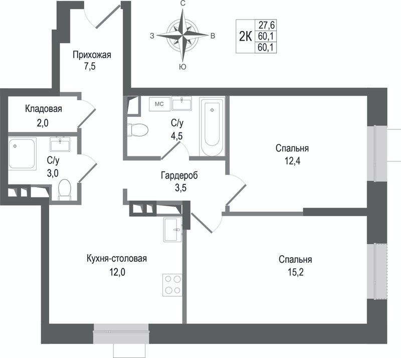 2 ккв 60,1 м²