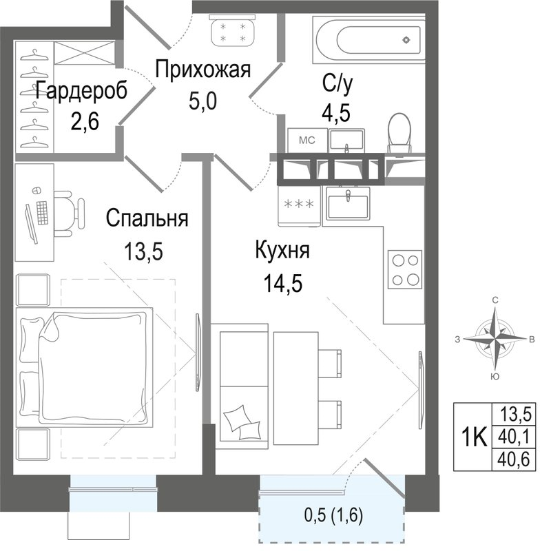 1 ккв 40,1 м²