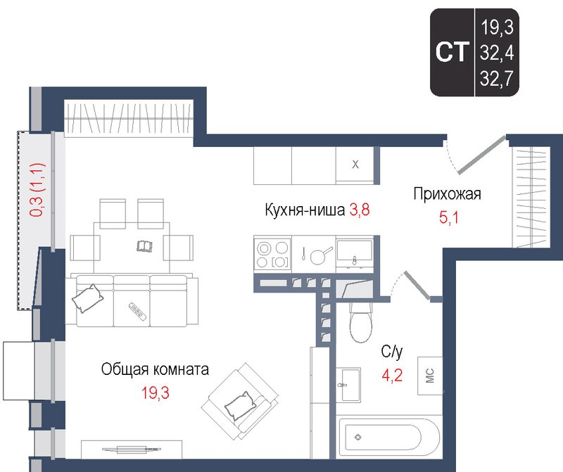 Студия 32,4 м²