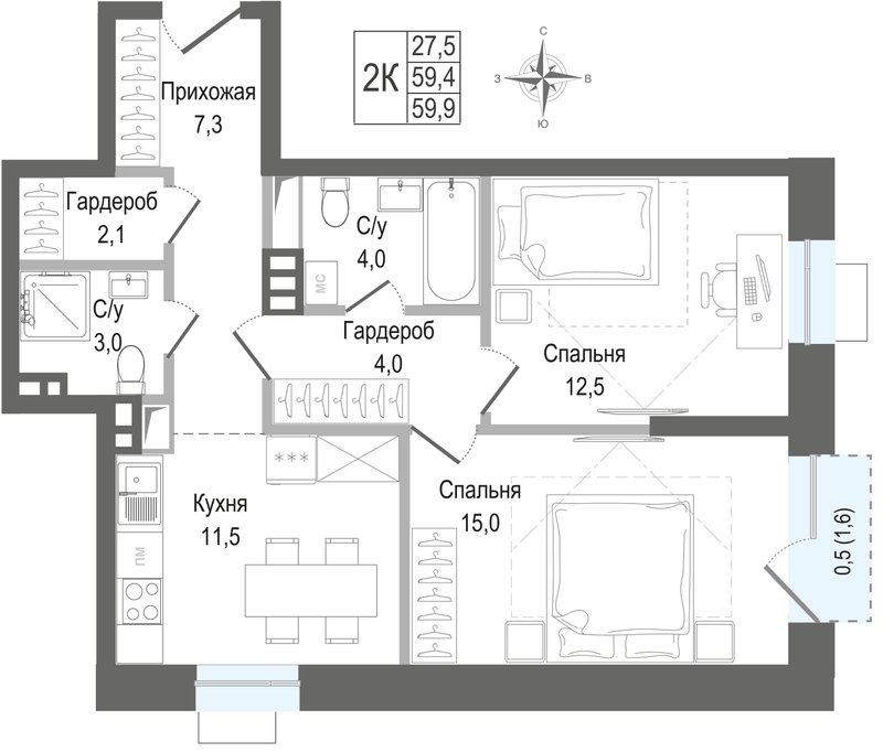 2 ккв 59,4 м²