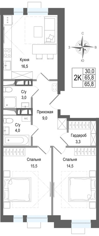 3 ккв (Евро) 65,8 м²