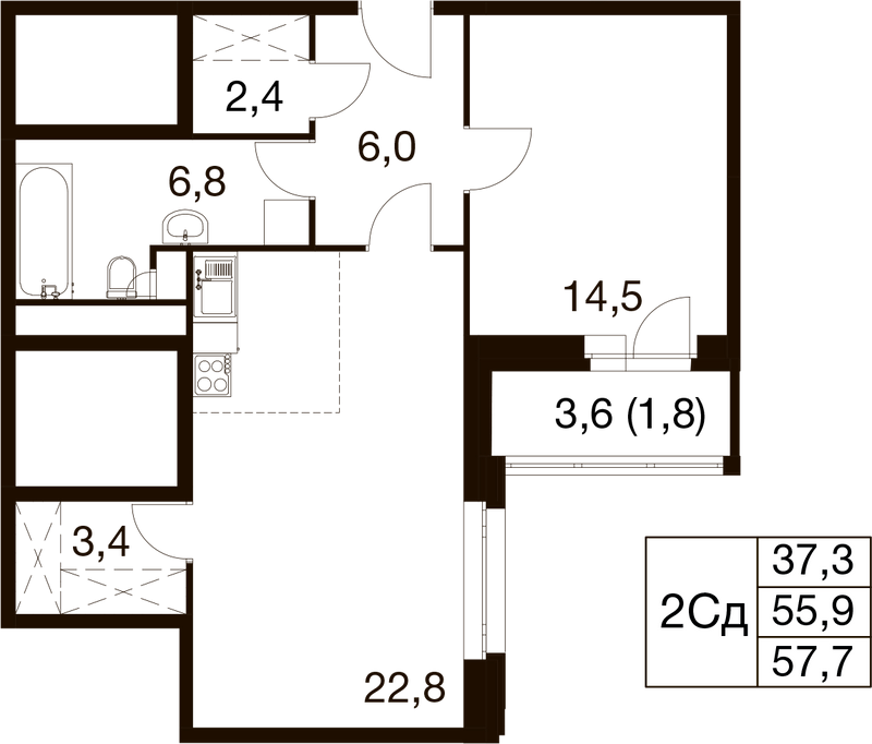 2 ккв (Евро) 55,5 м²