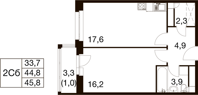 2 ккв (Евро) 44,5 м²