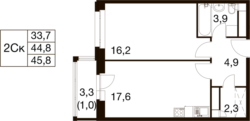 2 ккв (Евро) 44,5 м²