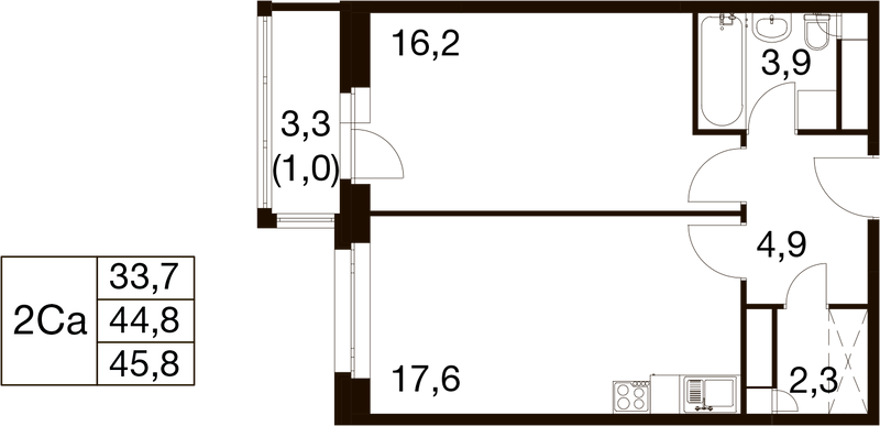 2 ккв (Евро) 44,3 м²