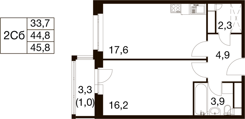 2 ккв (Евро) 44,2 м²