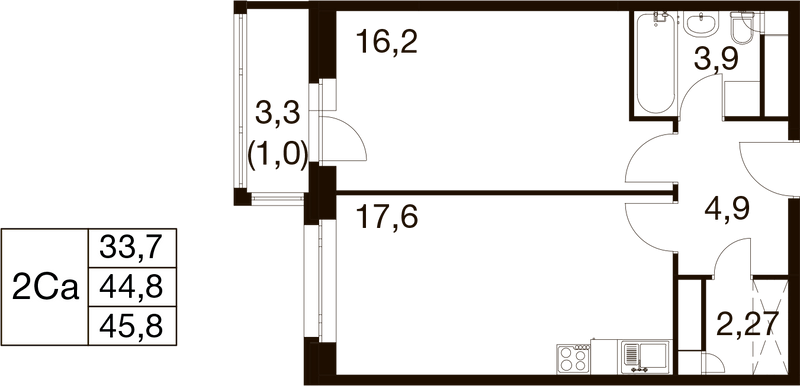 2 ккв (Евро) 44 м²