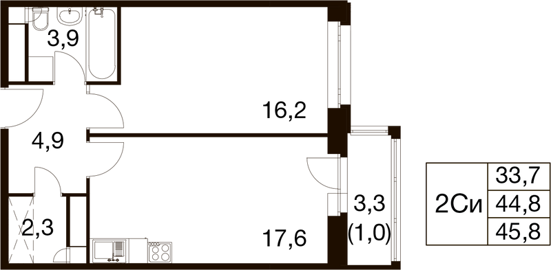 2 ккв (Евро) 44,3 м²
