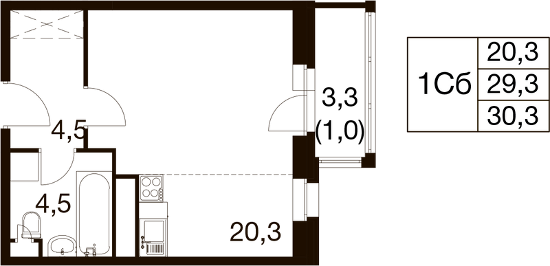Студия 29 м²