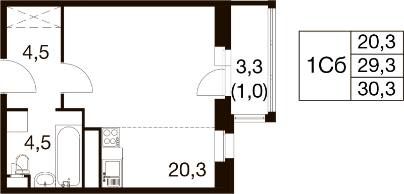 Студия 28,9 м²