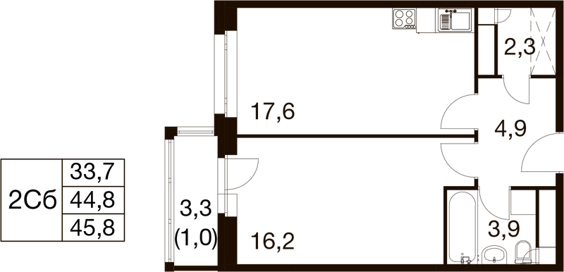 2 ккв (Евро) 44,2 м²