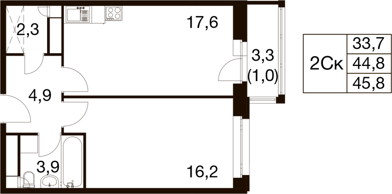 2 ккв (Евро) 44,4 м²