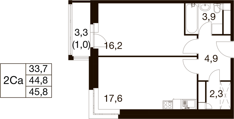 2 ккв (Евро) 44,4 м²