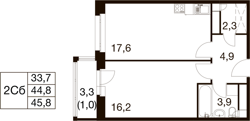 2 ккв (Евро) 44,2 м²