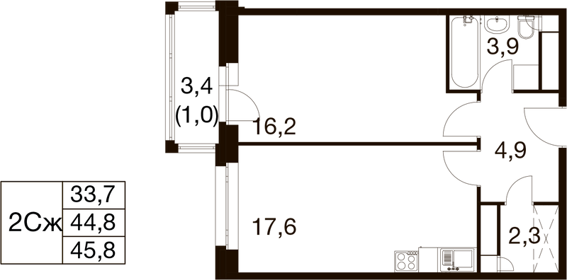 2 ккв (Евро) 44,3 м²
