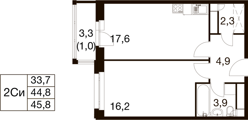 2 ккв (Евро) 44,4 м²