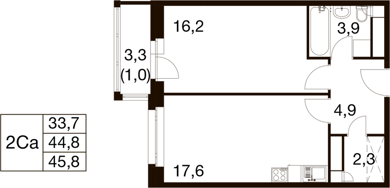 2 ккв (Евро) 44 м²