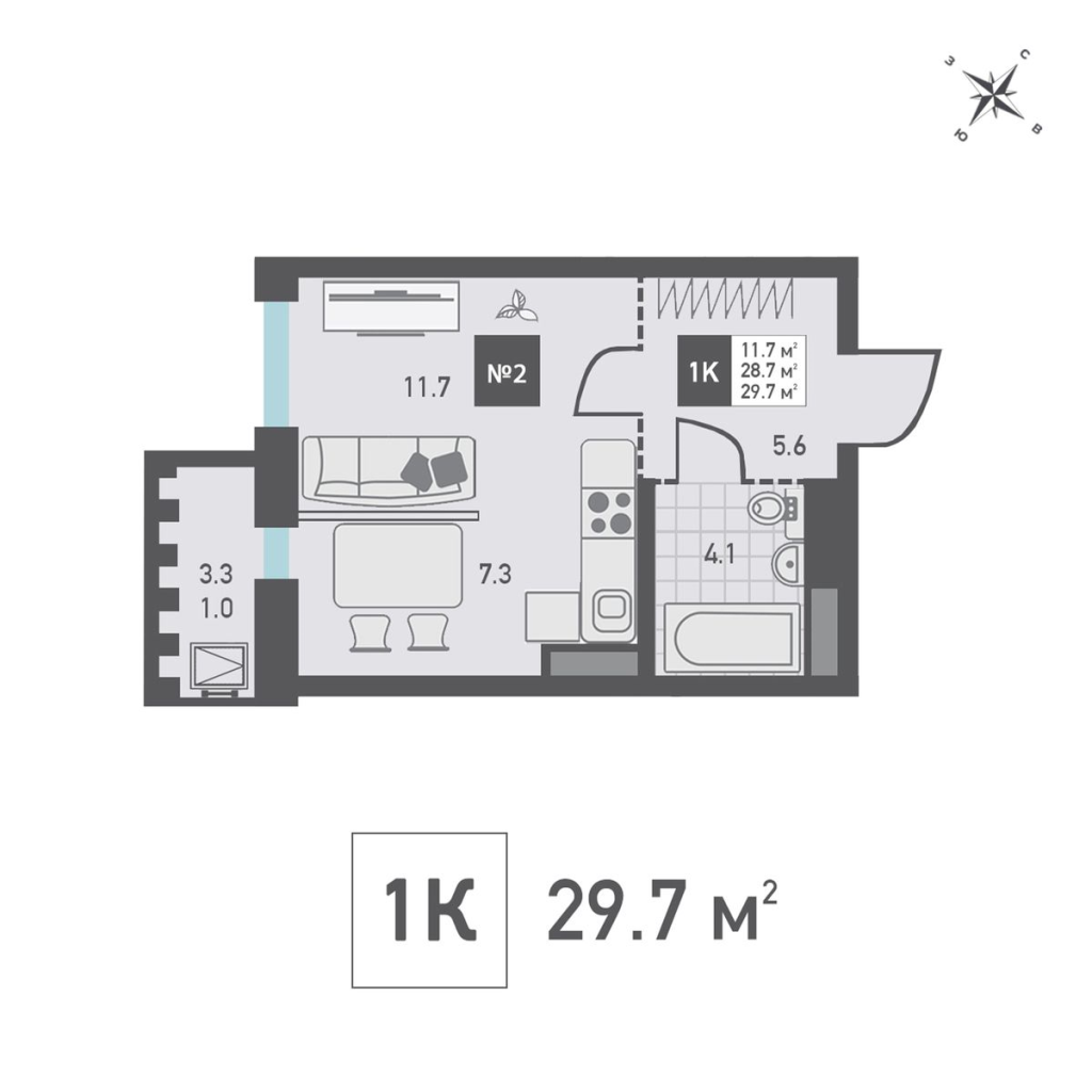 Студия 29,7 м²