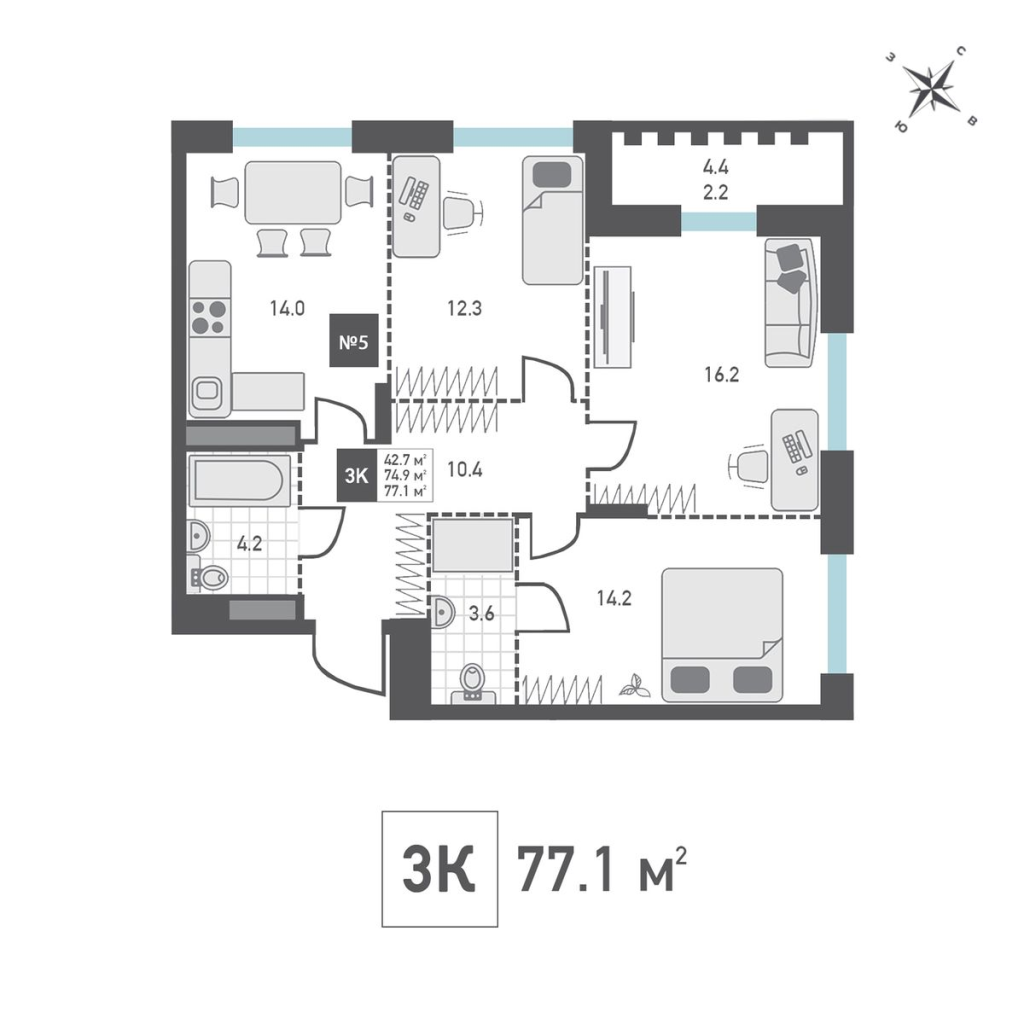 3 ккв 77,1 м²