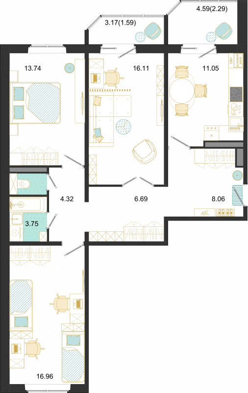 3 ккв 84,6 м²