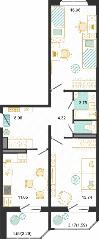 2 ккв 61,5 м²