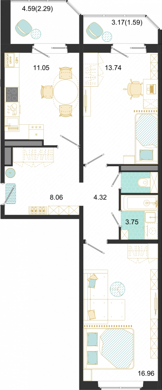 2 ккв 61,8 м²