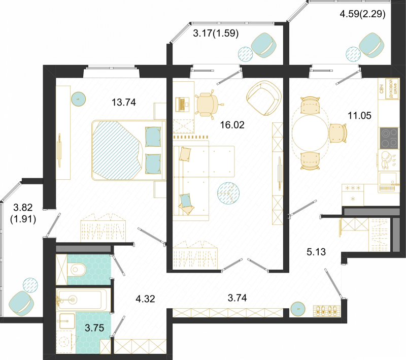 2 ккв 63,5 м²