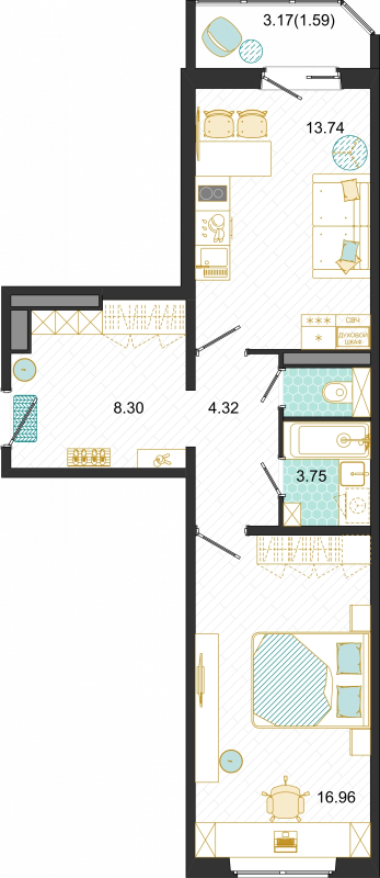 1 ккв 48,6 м²