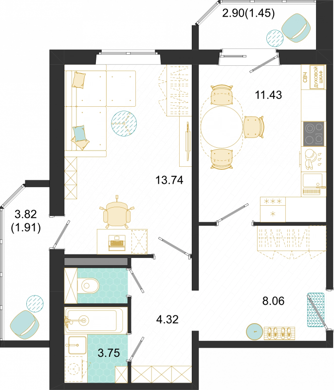 1 ккв 44,7 м²