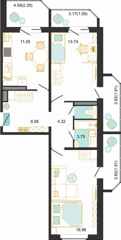 2 ккв 65,4 м²