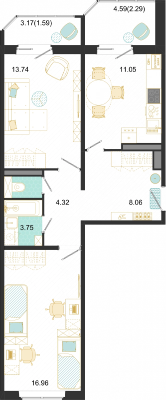 2 ккв 61,8 м²